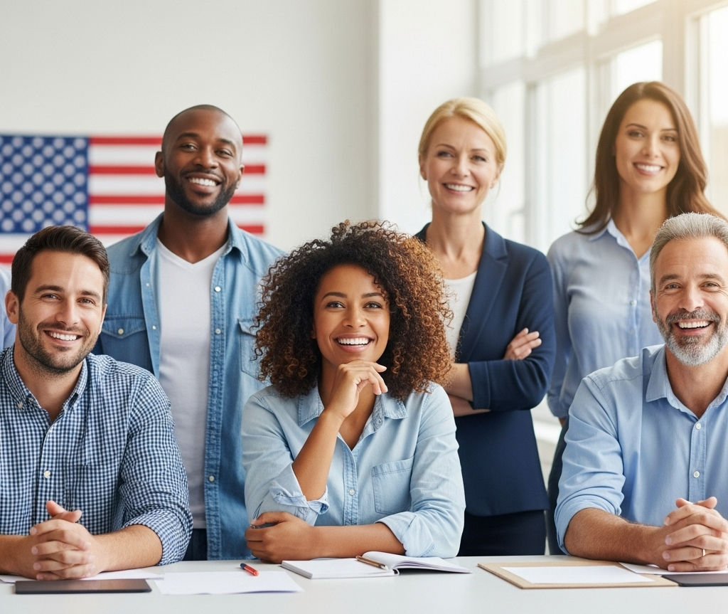 A person calculating taxes with a small US flag on the desk